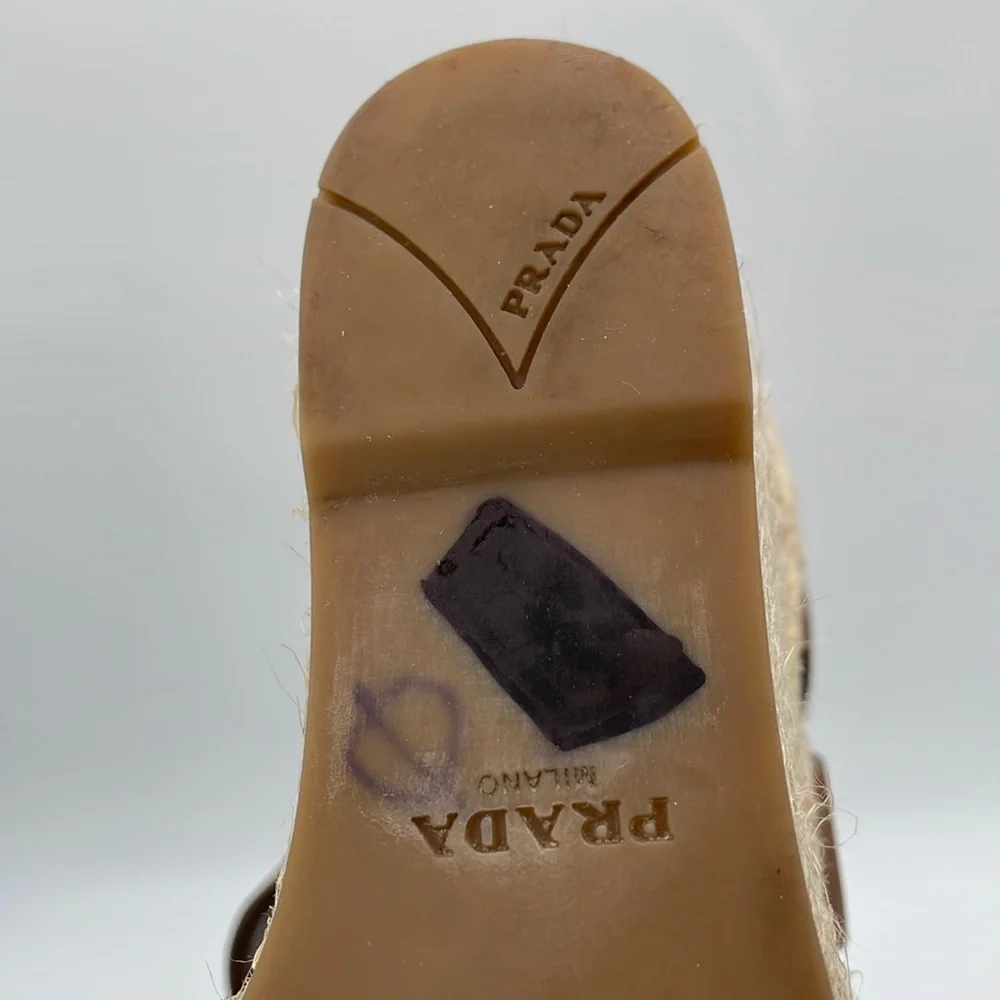 Prada Rony Brown Leather Espadrilles Platform Jute & Rubber‎ Wedge Heel - 37